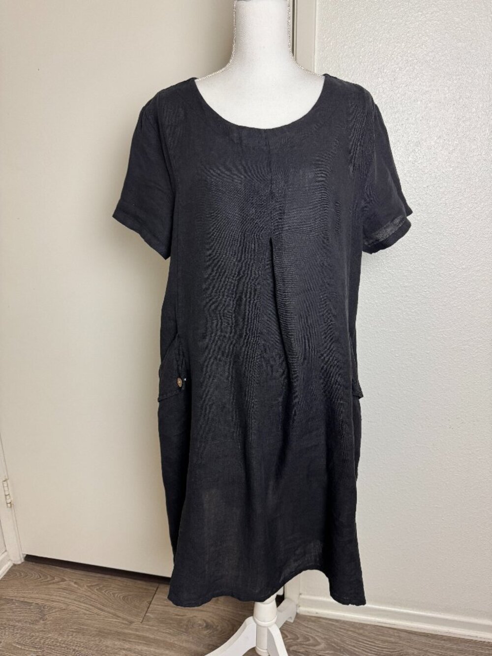 Meo Meli Black Dress 100% Linen Short Sleeve Pocket Size L - XL